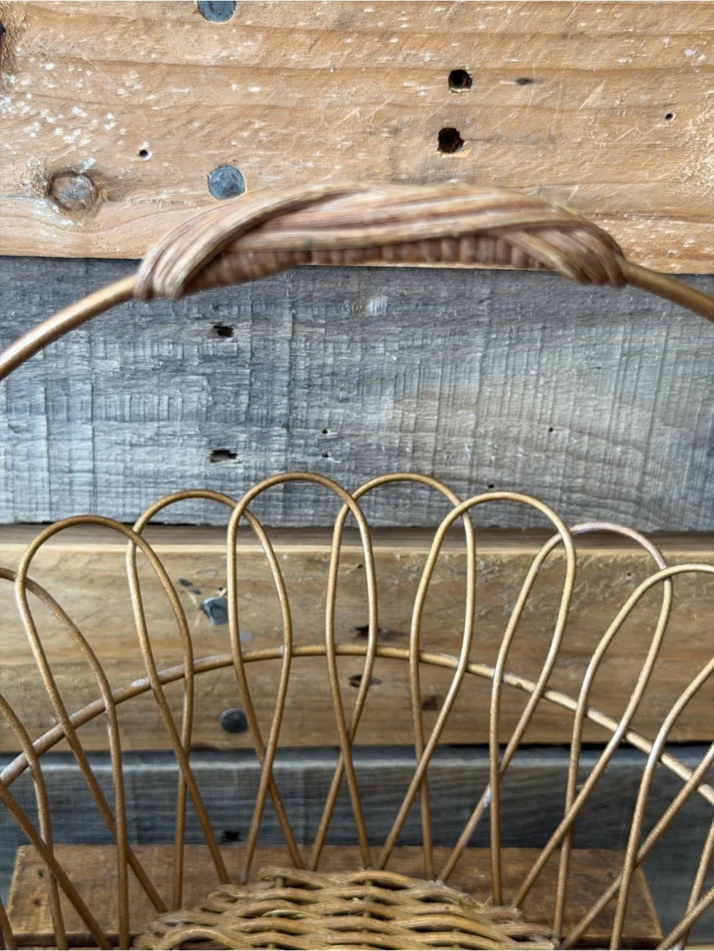 Round Gold Wire Basket with Woven Base and Wrapped Handle